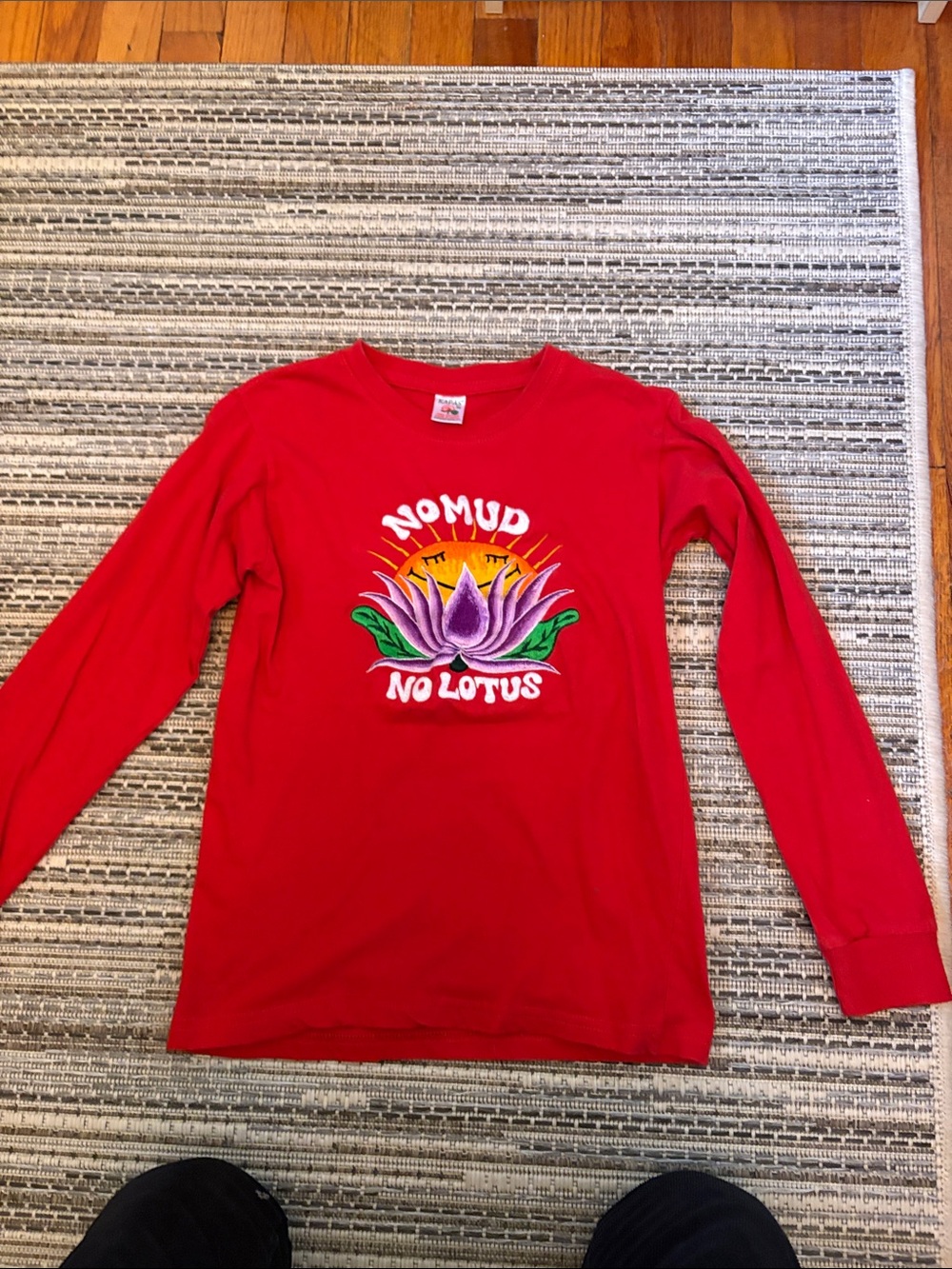 No Mud No Lotus Red Long-Sleeve Tee with Lotus Graphic